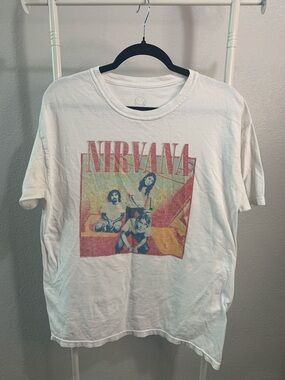Nirvana Graphic Tee in White with Pink and Yellow Print